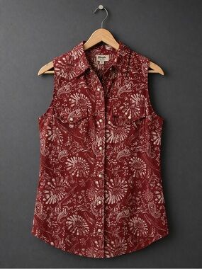 Wrangler Retro Sleeveless Western Snap Shirt Red Floral Paisley Cowboy Top M